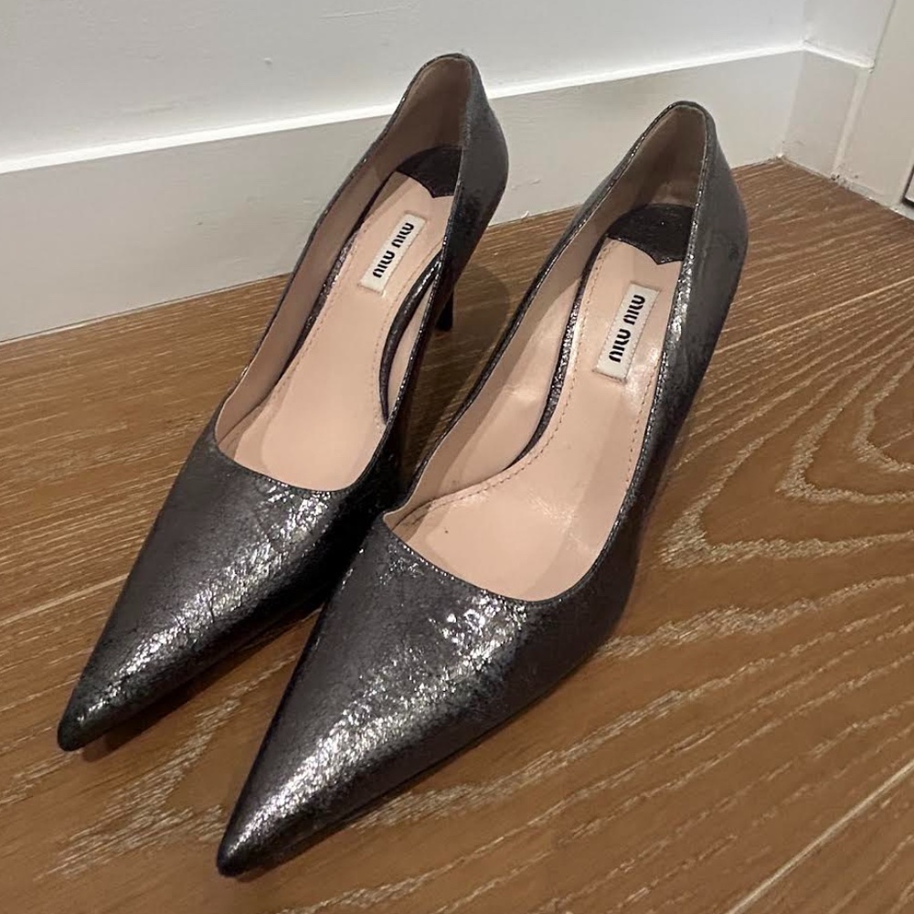 Miu Miu Heels, Metallic Silver, 39%. Worn 4 Times